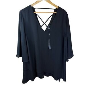 NWT Tahari Woman 2X Black Flowy Blouse 3/4 Bell‎ Sleeves Open Back Career Office